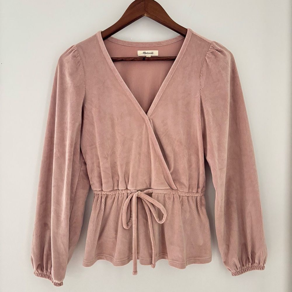 Madewell Ribbed Wrap Top XS Blush Pink Tie Waist Peplum Cottagecore